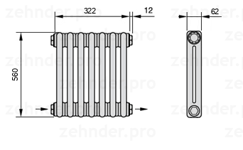 Схема (чертеж) Радиатор Zehnder Charleston 2056/7 №2670 Белый глянцевый RAL 9016